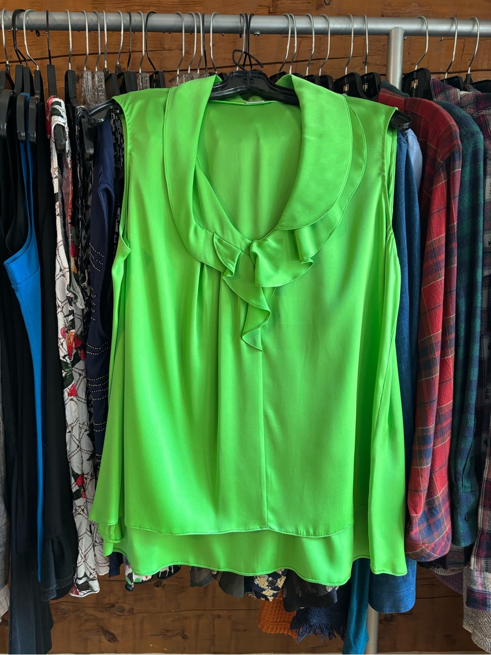 Elie Tahari Neon Green Sleeveless Ruffle Collar Blouse